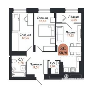 3-к квартира, вторичка, 59м2, 21/26 этаж