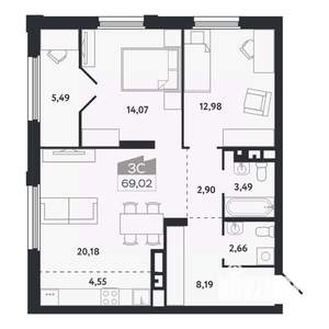 3-к квартира, вторичка, 69м2, 18/26 этаж