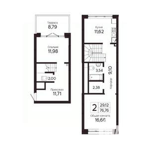 2-к квартира, вторичка, 77м2, 1/23 этаж