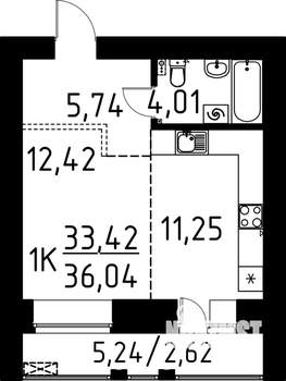 1-к квартира, строящийся дом, 36м2, 4/9 этаж