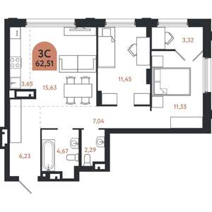 3-к квартира, вторичка, 63м2, 12/26 этаж