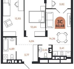 3-к квартира, вторичка, 60м2, 7/26 этаж