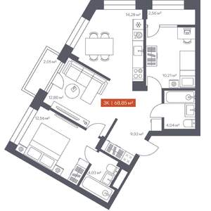 3-к квартира, вторичка, 69м2, 3/7 этаж