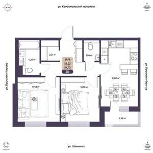2-к квартира, вторичка, 53м2, 6/9 этаж