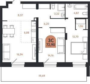 3-к квартира, вторичка, 73м2, 1/26 этаж
