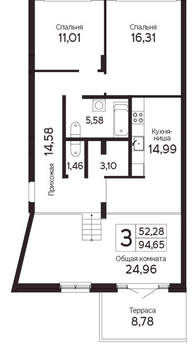 3-к квартира, вторичка, 95м2, 1/23 этаж