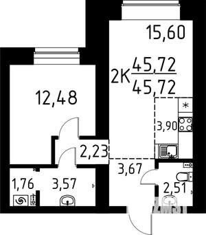 2-к квартира, строящийся дом, 45м2, 1/9 этаж