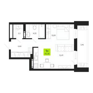 1-к квартира, строящийся дом, 45м2, 13/19 этаж