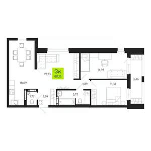 3-к квартира, строящийся дом, 80м2, 16/19 этаж