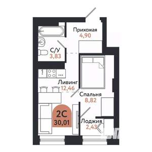 2-к квартира, вторичка, 30м2, 24/26 этаж