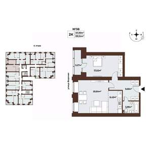 2-к квартира, строящийся дом, 60м2, 4/8 этаж