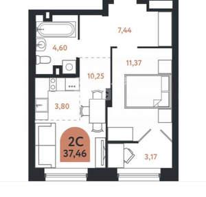 2-к квартира, сданный дом, 37м2, 2/26 этаж