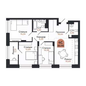 4-к квартира, вторичка, 81м2, 9/26 этаж