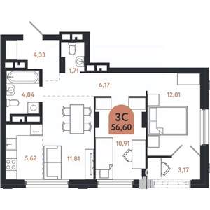 3-к квартира, вторичка, 57м2, 23/26 этаж