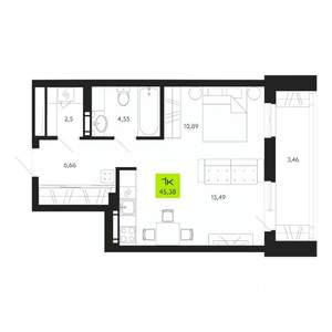 1-к квартира, строящийся дом, 45м2, 17/19 этаж