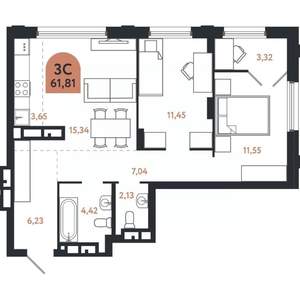 3-к квартира, вторичка, 62м2, 23/26 этаж