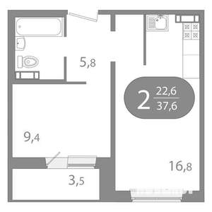 2-к квартира, вторичка, 38м2, 9/10 этаж