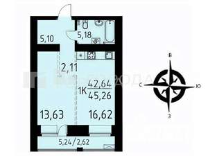 1-к квартира, вторичка, 45м2, 3/16 этаж