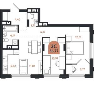 3-к квартира, вторичка, 57м2, 17/26 этаж