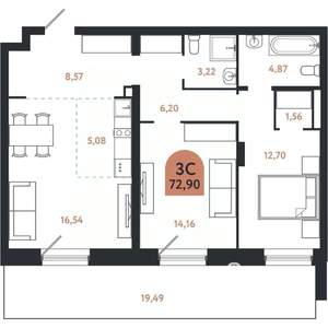 3-к квартира, вторичка, 73м2, 1/26 этаж