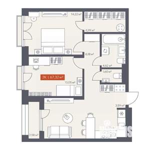 2-к квартира, вторичка, 67м2, 9/10 этаж