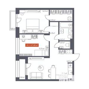 2-к квартира, вторичка, 67м2, 3/10 этаж