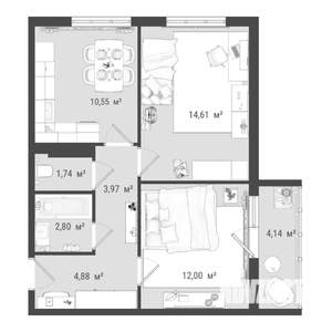 2-к квартира, строящийся дом, 55м2, 11/16 этаж