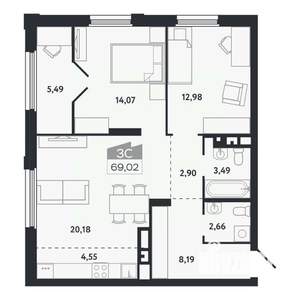 3-к квартира, вторичка, 69м2, 17/26 этаж