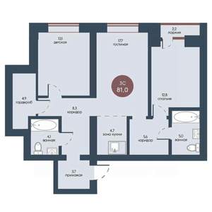 3-к квартира, вторичка, 81м2, 1/7 этаж