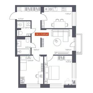 3-к квартира, строящийся дом, 72м2, 3/30 этаж