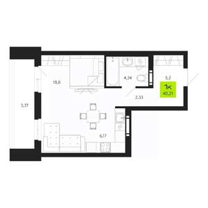 1-к квартира, строящийся дом, 40м2, 11/19 этаж