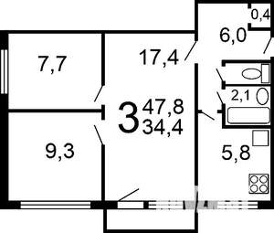 3-к квартира, вторичка, 47м2, 1/1 этаж