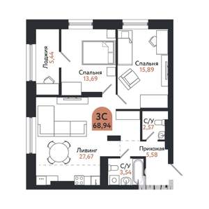 3-к квартира, строящийся дом, 69м2, 23/26 этаж