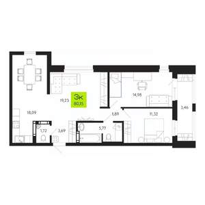 3-к квартира, строящийся дом, 80м2, 3/19 этаж