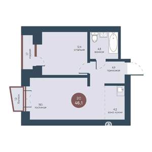 2-к квартира, вторичка, 46м2, 6/7 этаж