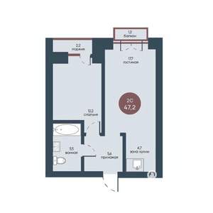 2-к квартира, строящийся дом, 47м2, 3/7 этаж