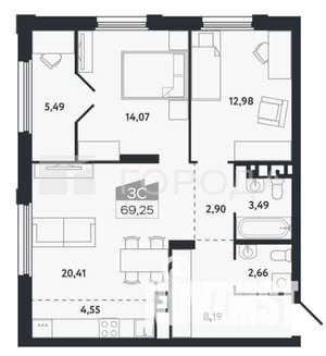 3-к квартира, вторичка, 69м2, 3/26 этаж