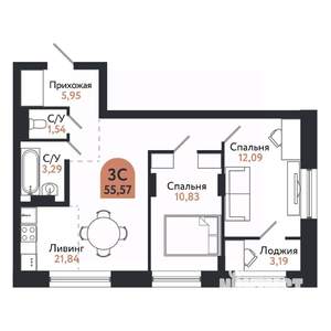 3-к квартира, вторичка, 56м2, 4/26 этаж