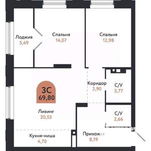 3-к квартира, вторичка, 70м2, 2/26 этаж