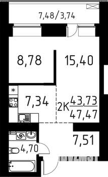 2-к квартира, вторичка, 47м2, 8/16 этаж