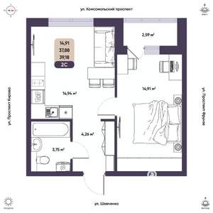 2-к квартира, вторичка, 38м2, 3/16 этаж