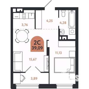 2-к квартира, вторичка, 39м2, 6/26 этаж