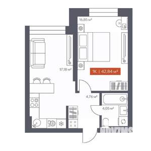 1-к квартира, строящийся дом, 43м2, 2/30 этаж