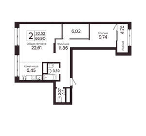 2-к квартира, вторичка, 67м2, 2/23 этаж
