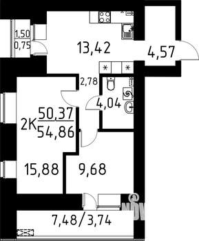 2-к квартира, строящийся дом, 55м2, 8/9 этаж