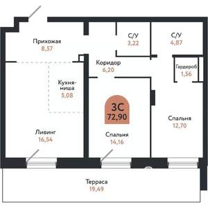 3-к квартира, вторичка, 73м2, 1/26 этаж