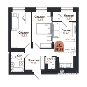 3-к квартира, строящийся дом, 59м2, 25/26 этаж