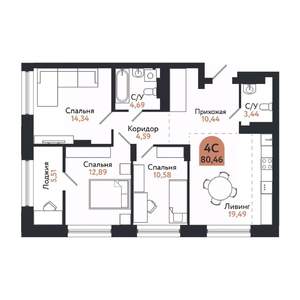 4-к квартира, вторичка, 80м2, 19/26 этаж