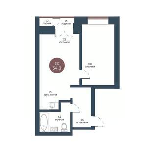 2-к квартира, строящийся дом, 54м2, 2/7 этаж