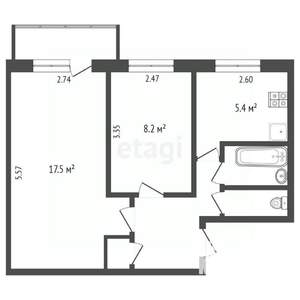 2-к квартира, вторичка, 40м2, 5/5 этаж